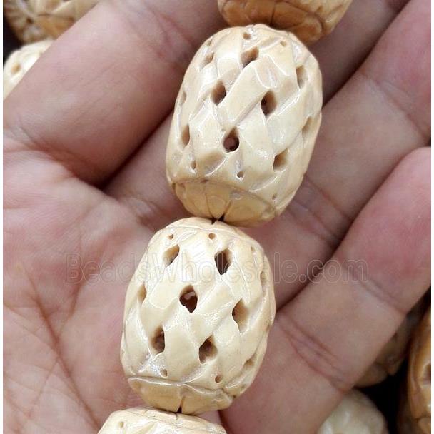 antique cattle bone beads, barrel, yellow