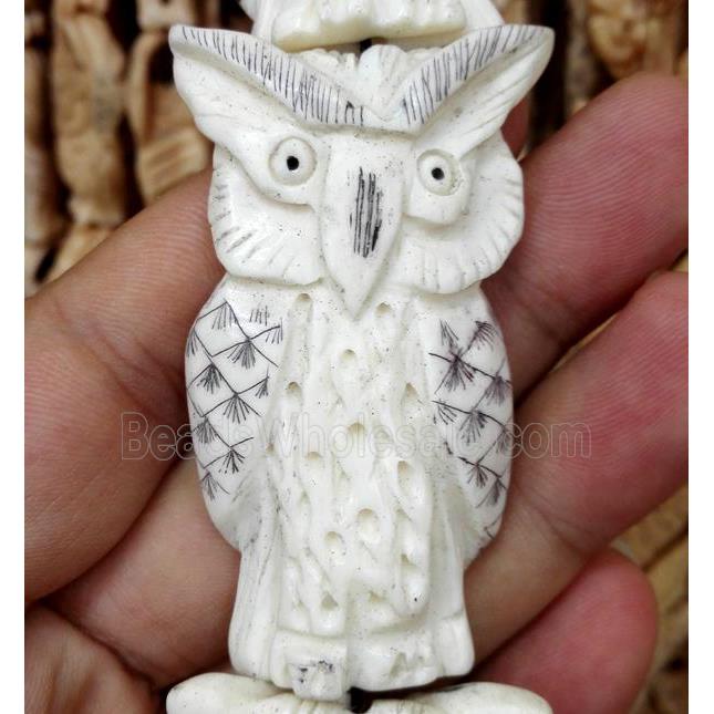 antique cattle bone beads, owl charm, white