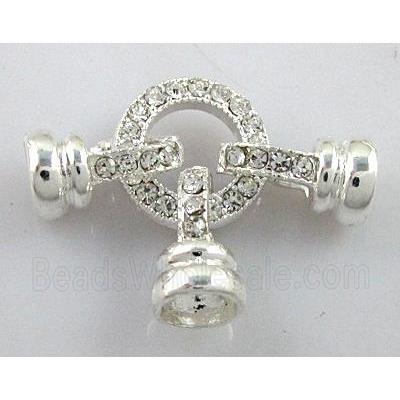 bracelet bar, copper connector clasp with rhinestone, silver plated