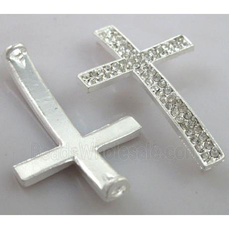 Bracelet bar, cross, alloy connector with rhinestone, duck-silver