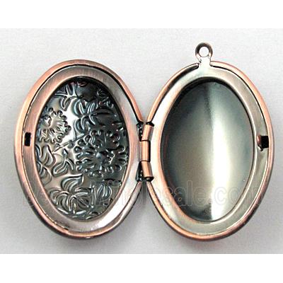 necklace Locket pendant, oval, copper, Red copper plated