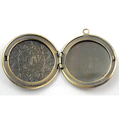 necklace Locket pendant, flat-round, copper, Bronze plated