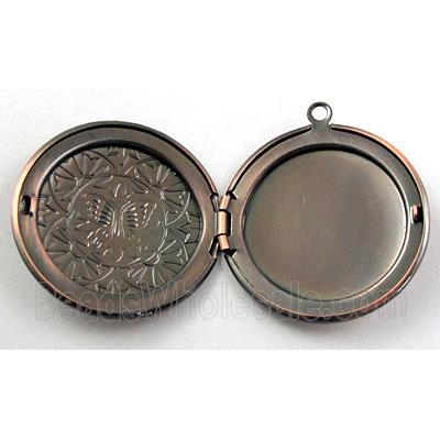 necklace Locket pendant, flat-round, copper, Red copper plated