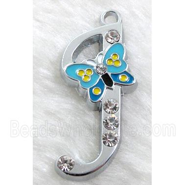 Alphabet pendants, J-letter, enamel butterfly, rhinestone