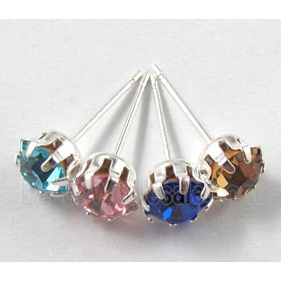Silver Plated Copper Earring Pin, Rhinestone, Nickel Free, mix color
