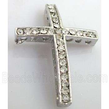 bracelet spacer, alloy cross with rhinestone, platinum plated