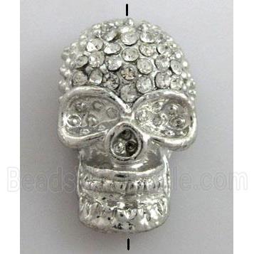 Skull charm, bracelet spacer, alloy bead with rhinestone, platinum plated