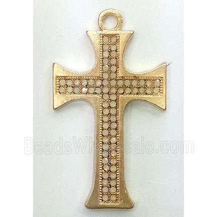 alloy cross pendant with CZ Rhinestone, duck-gold
