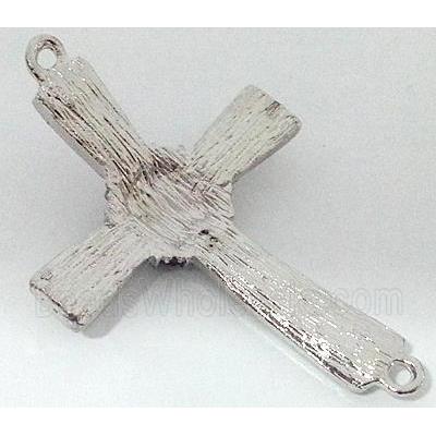 bracelet bar, cross, alloy bead with rhinestone, platinum plated