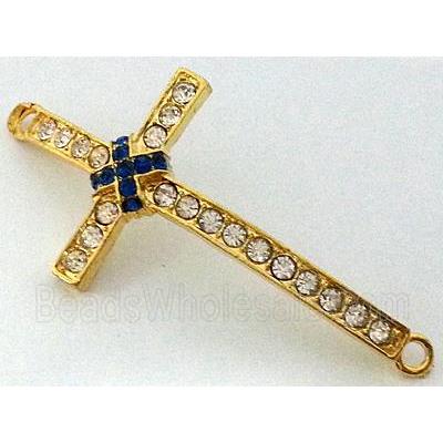 bracelet bar, cross, alloy bead with rhinestone, gold