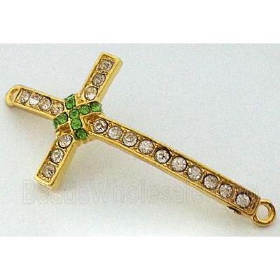 bracelet bar, cross, alloy bead with rhinestone, gold