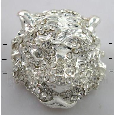 Bracelet bar, alloy bead with rhinestone, tiger, silver