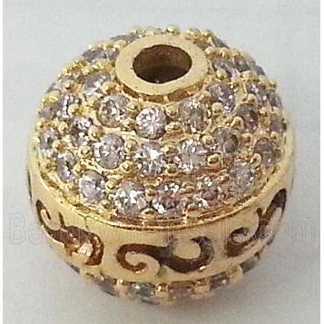 bracelet spacer, copper bead with zircon rhinestone, gold
