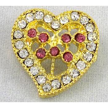 bracelet bar, alloy bead with rhinestone, heart, gold