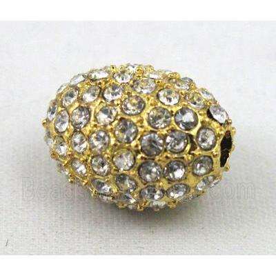 bracelet spacer, alloy bead with rhinestone, barrel, gold plated