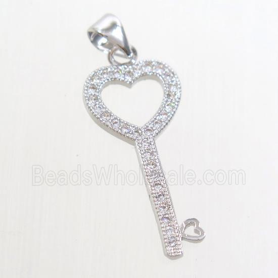 Zircon, copper pendant, key, platinum plated
