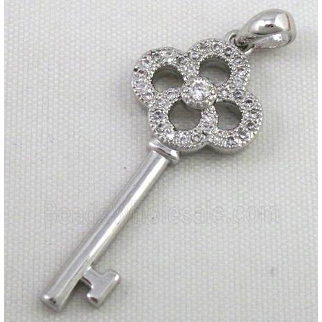 Zircon, copper pendant, key, platinum plated