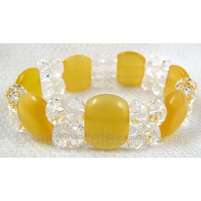 stretchy Bracelet with Chinese crystal beads, cat eye beads, yellow