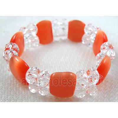 stretchy Bracelet with Chinese crystal beads, cat eye beads, red