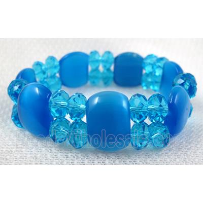 stretchy Bracelet with Chinese crystal beads, cat eye beads, blue
