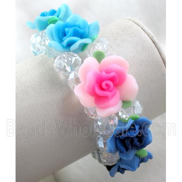 fimo clay bracelet with crystal glass, stretchy, mixed color