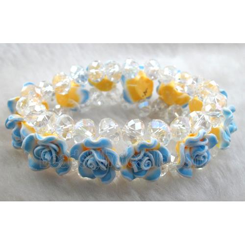 fimo clay bracelet with crystal glass, stretchy, blue