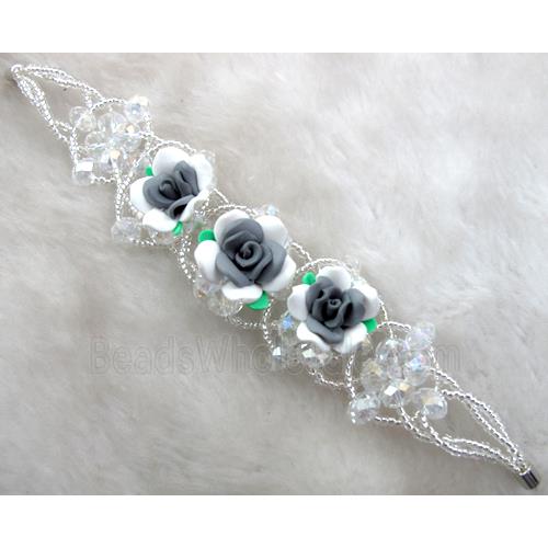 fimo clay bracelet with crystal glass, grey, white