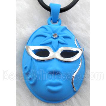 lacquered mask Necklace, alloy, rubber cord, blue