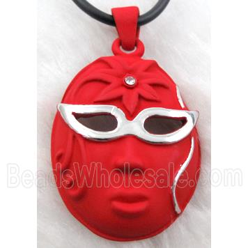 lacquered mask Necklace, alloy, rubber cord, red