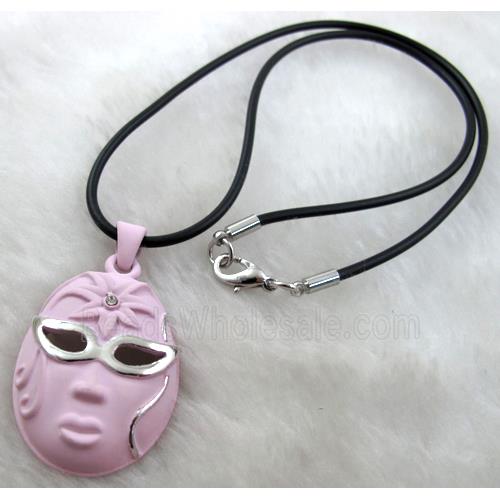 lacquered mask Necklace, alloy, rubber cord, pink