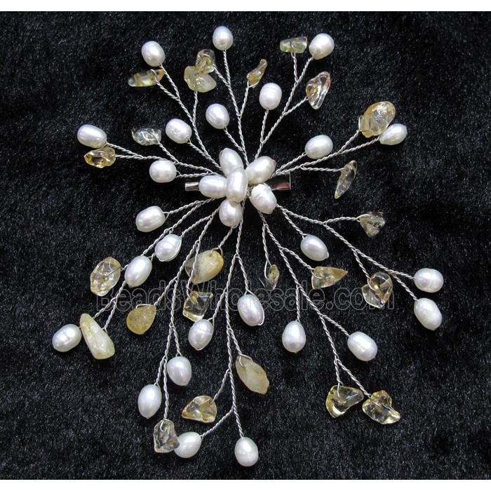 handmade brooch with freshwater pearl, citrine beads