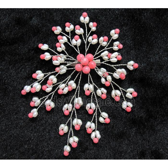 handmade brooch with freshwater pearl, pink coral beads