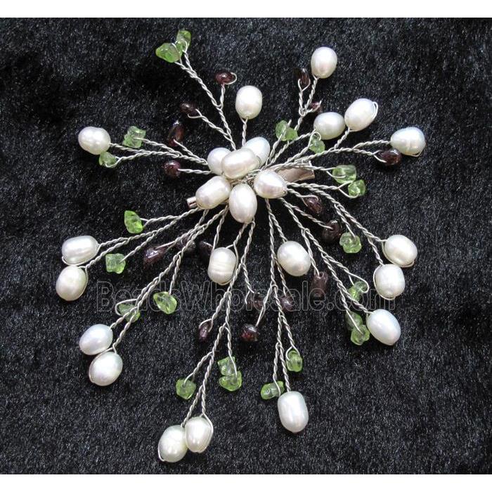 handmade brooch with freshwater pearl, lemon citrine, garnet beads