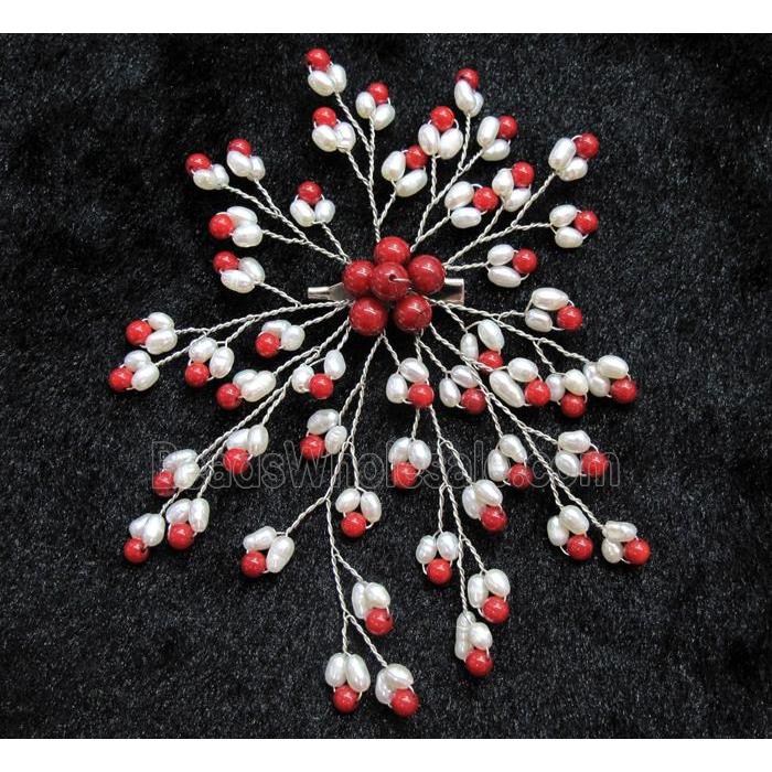 handmade brooch with freshwater pearl, red coral beads