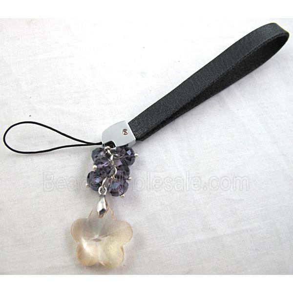cellphone strap, PU leather, Crystal Flower Pendant