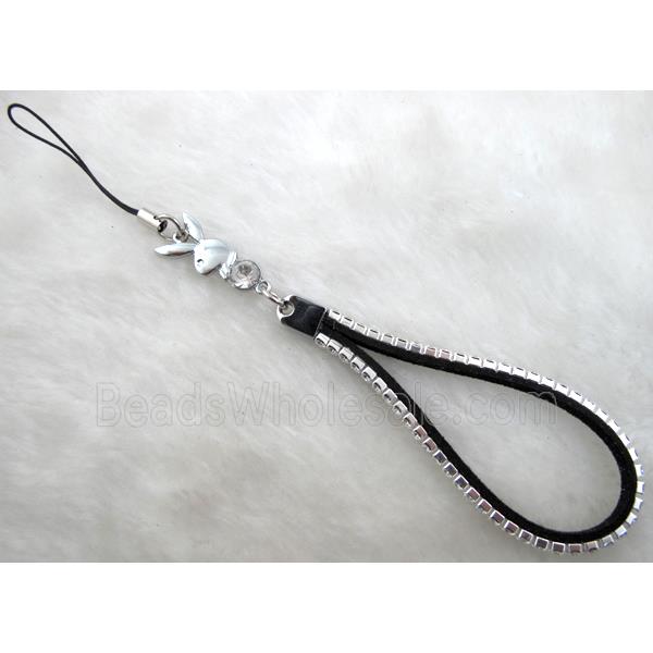 Mobile phone rope, String hanger, suede with 1 row rhinestone, mix