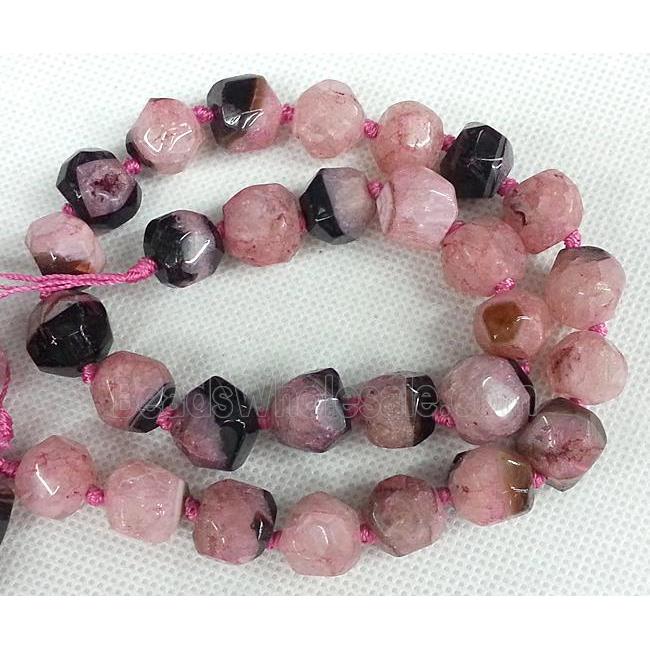 Agate stone bead, faceted round, black and pink