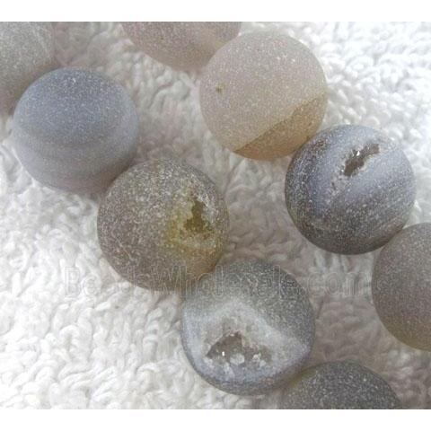 agate bead with geode, druzy, matte, round, grey