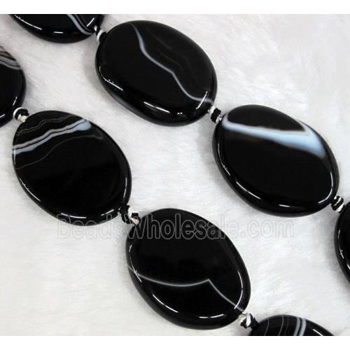 black agate stone bead, flat-oval
