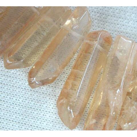 clear quartz bead, stick, freeform, gold champagne electroplated