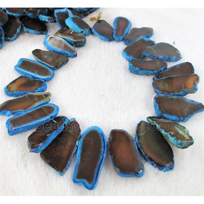 agate beads, freeform slice, coffee and blue