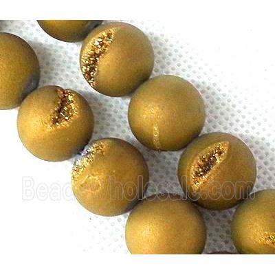 matte druzy Agate beads, round, gold electroplated
