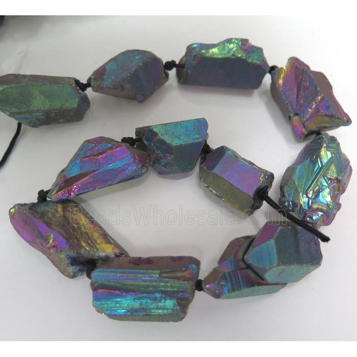 clear quartz beads for necklace, freeform, rainbow electroplated