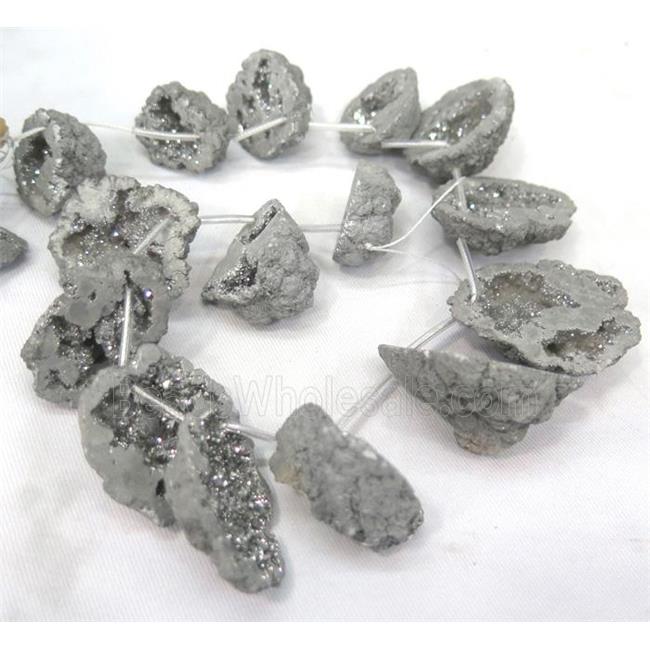 Druzy Agate bead, freeform, silver electroplated