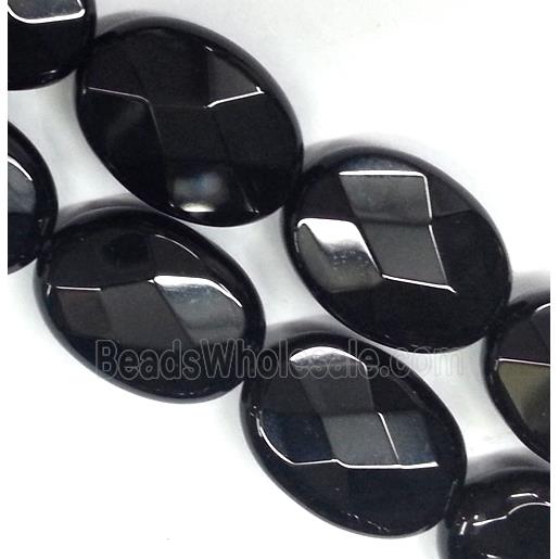 black onyx bead, faceted flat oval