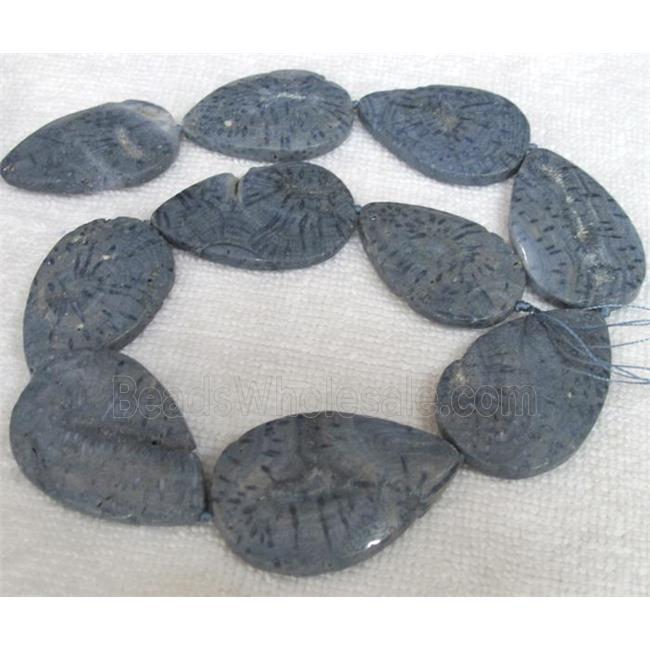 blue Coral Fossil Beads, chrysanthemum, flat teardrop