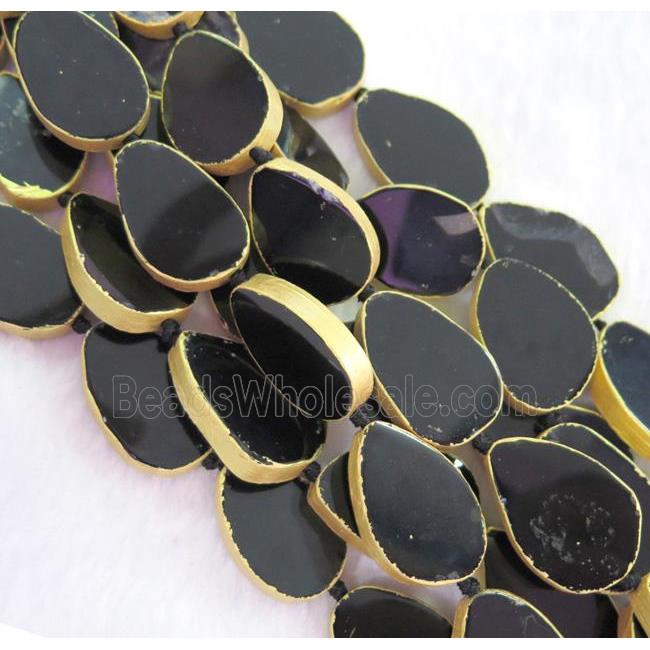 black agate bead, teardrop, gold plated