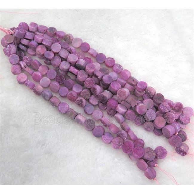 druzy quartz bead, flat round, hot-pink