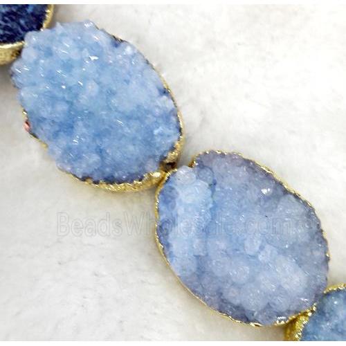 lt.blue druzy quartz beads, oval, gold plated