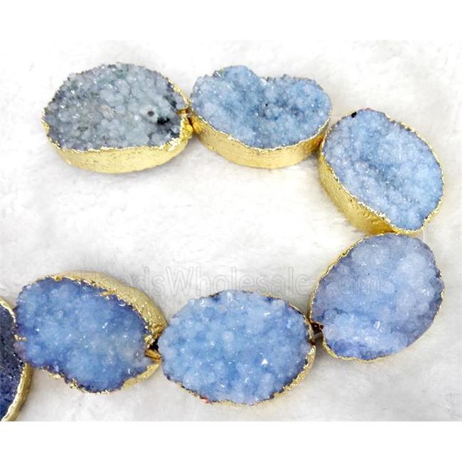lt.blue druzy quartz beads, oval, gold plated